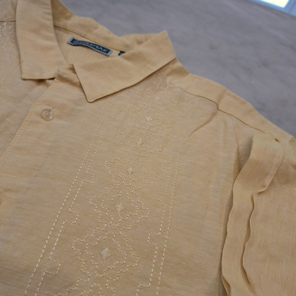 Cubavera‎ Button Up Shirt Mens XXL Yellow Linen Embroidered Guayabera  Wedding